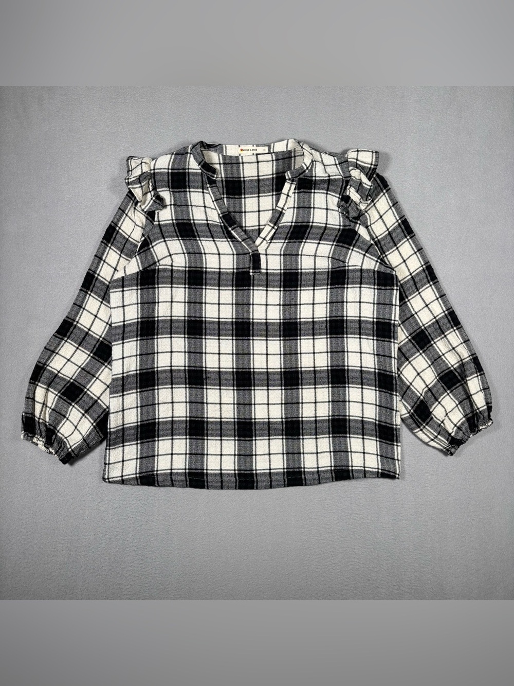 Marine Layer Jamie Plaid Ruffle Top Women’s Medium Black White Long Sleeve